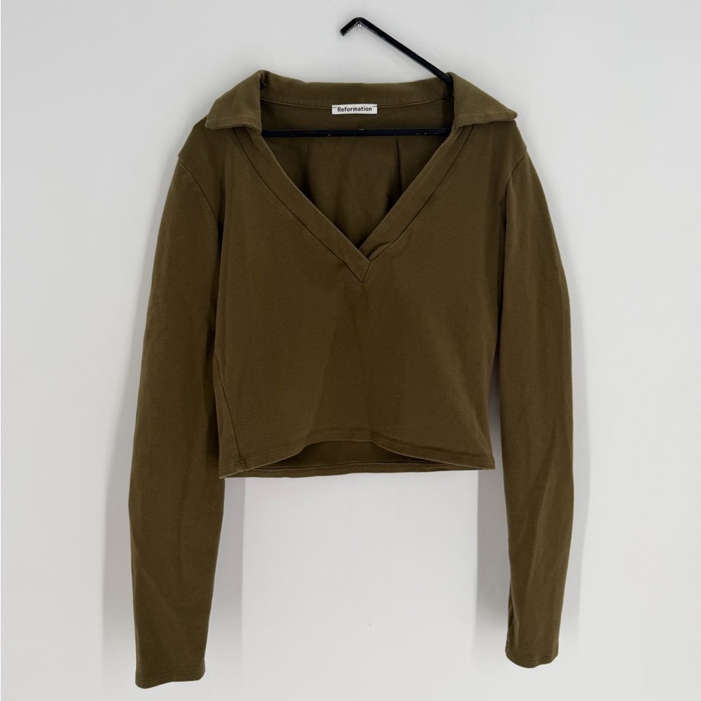 Reformation Nicoya Knit Collared Cropped Long Sleeve Top